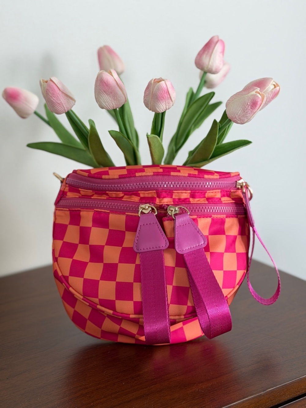Pink & Orange Checkerboard Crossbody Bag with Dual Zips